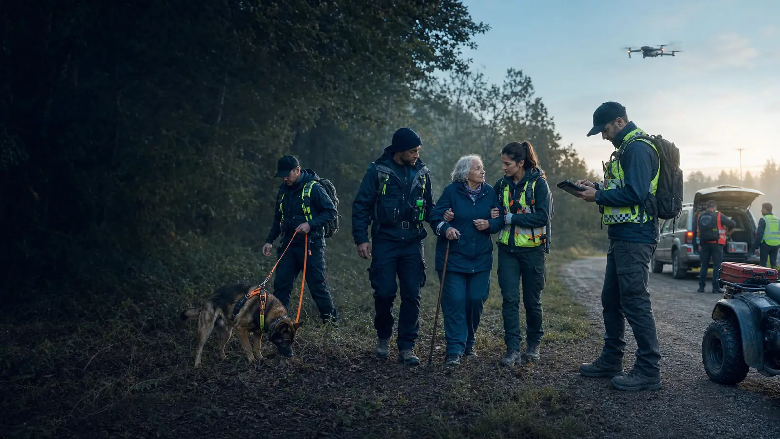 A coordinated search team with a K9 and drone helping an older adult to safety.
